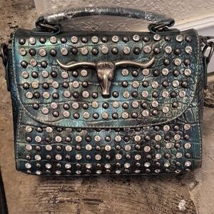 Studded Teal Handbag with Bullhead Accent